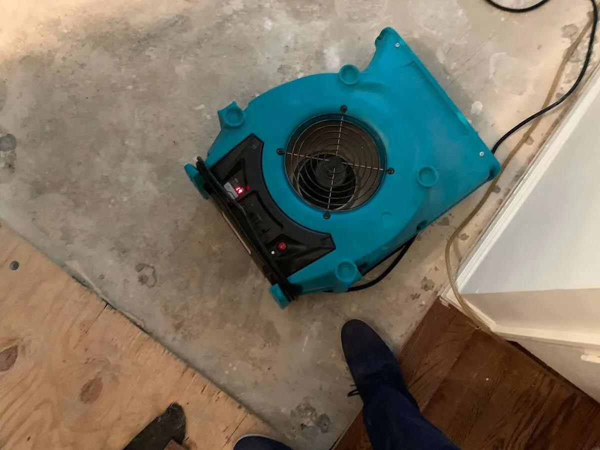 Air mover drying subfloor during Commercial Water Damage Restoration in Bordentown